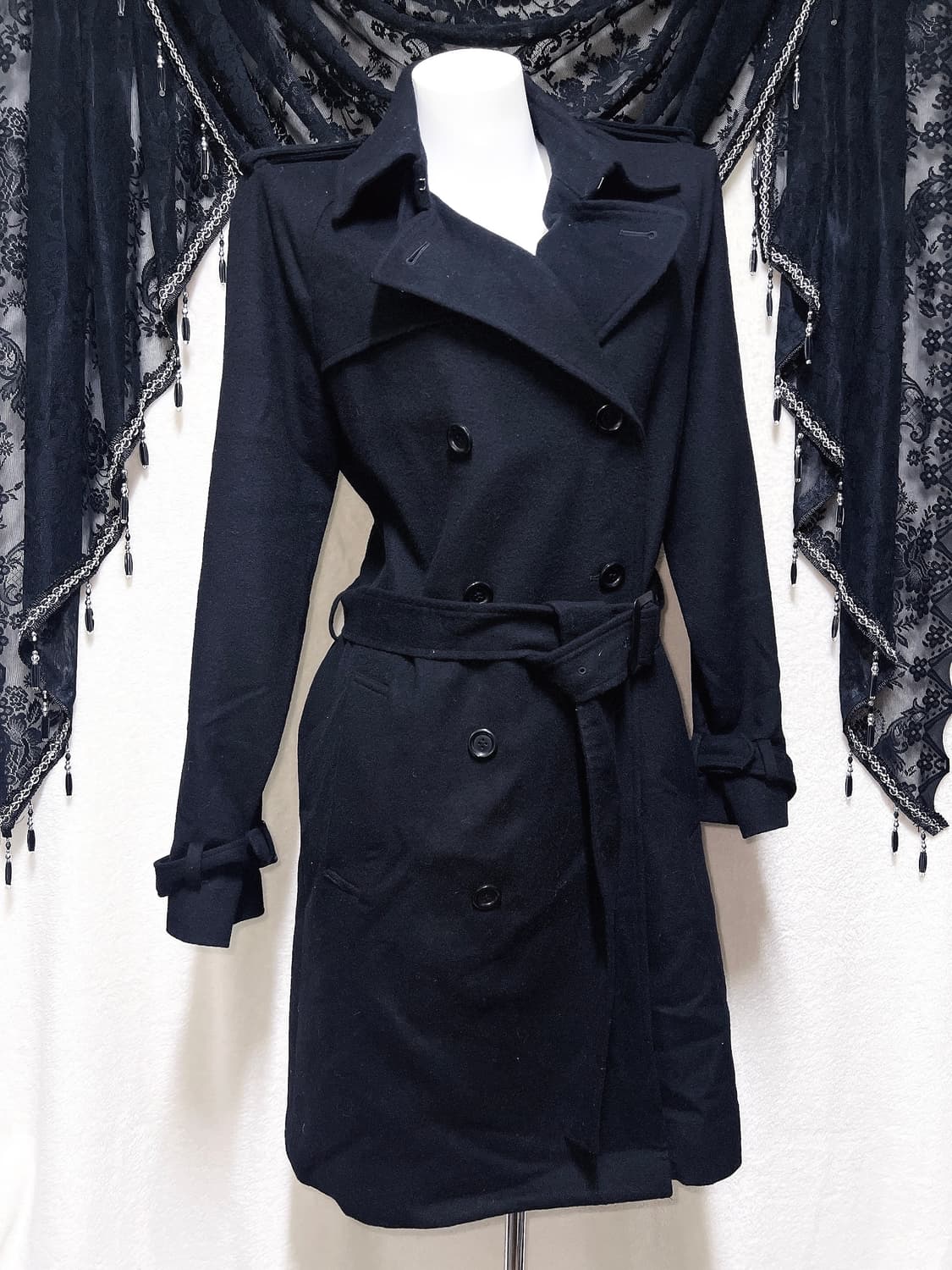 블랙 견장 버튼 모직 롱코트 자켓 고스펑크 갸루 고딕 베이직 다크 핀터 상품이미지6