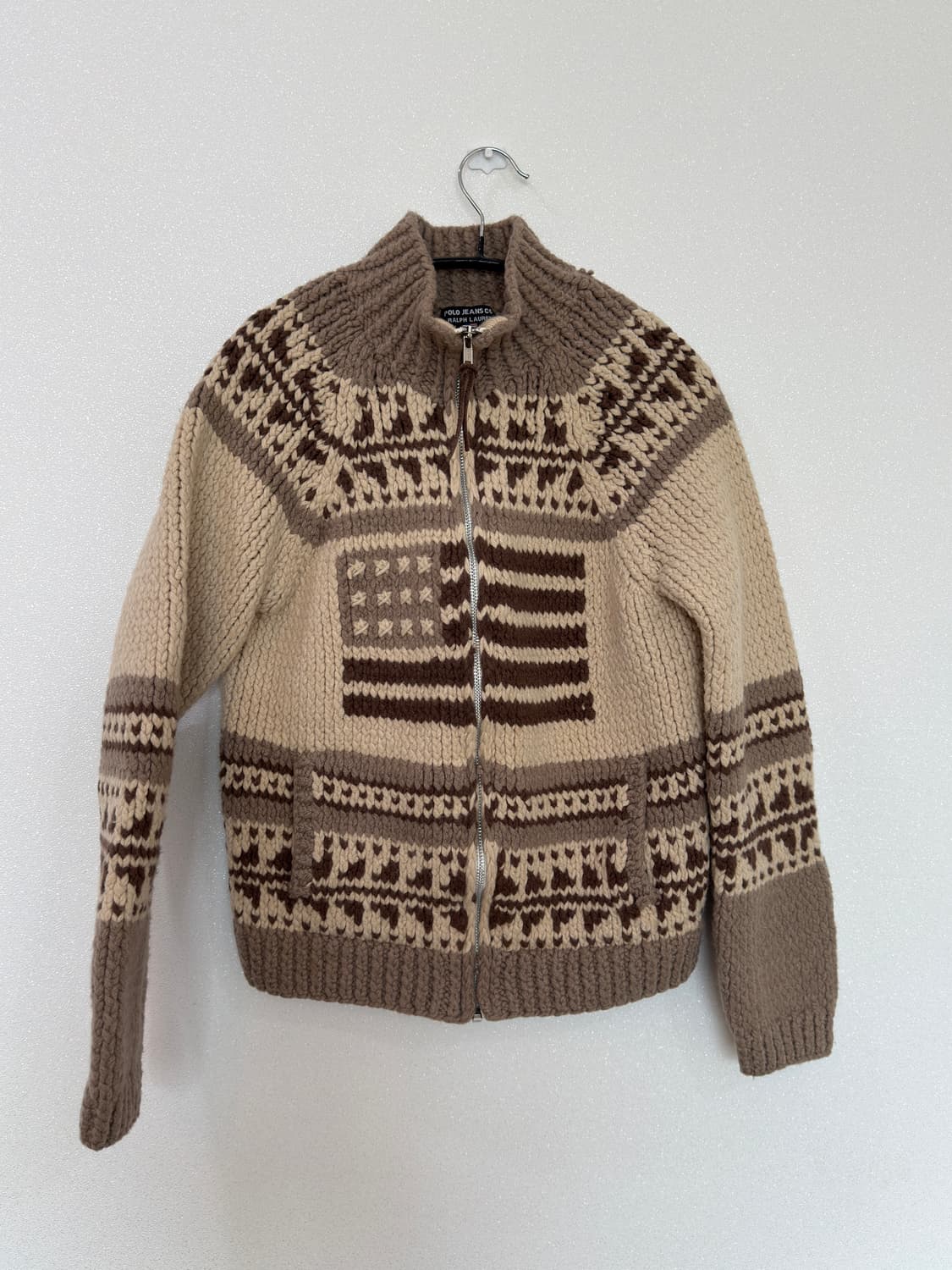 [m] 폴로 코위찬 성조기 스웨터 니트 집업 베이지 브라운 상품이미지1