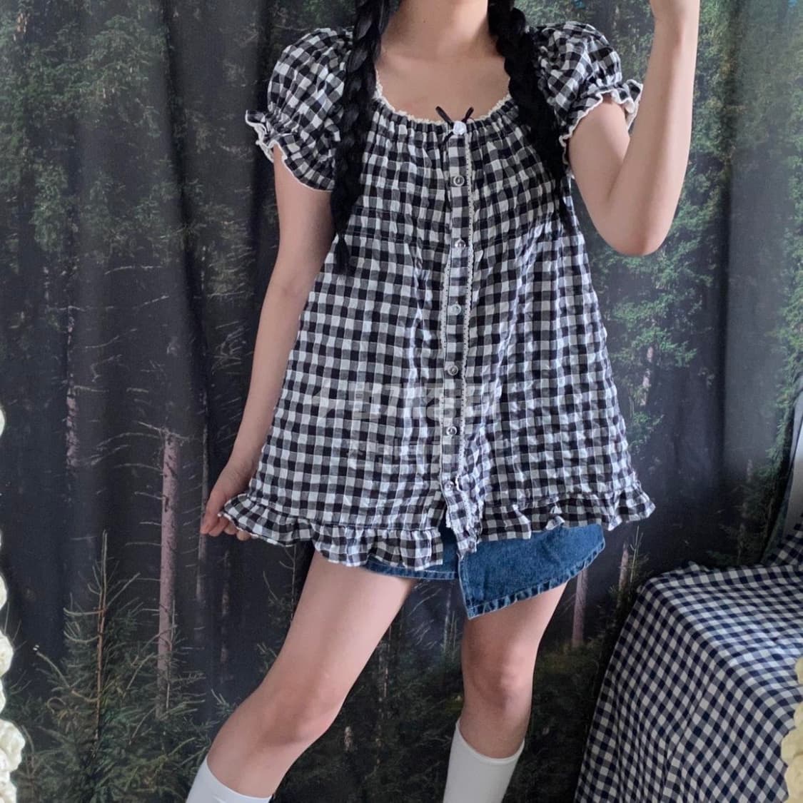 모리 빈티지 깅엄체크 블라우스 상품이미지2