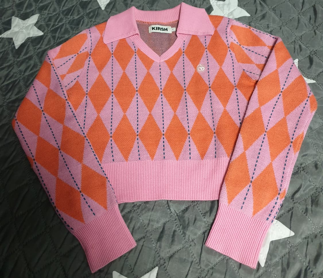 키르시 크롭 아가일 니트 핑크 (M) 상품이미지1