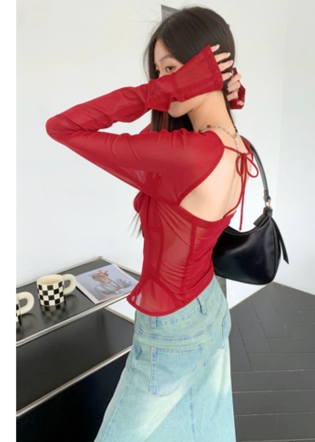 스퀘어넥 시스루 블라우스 레드 상품이미지2