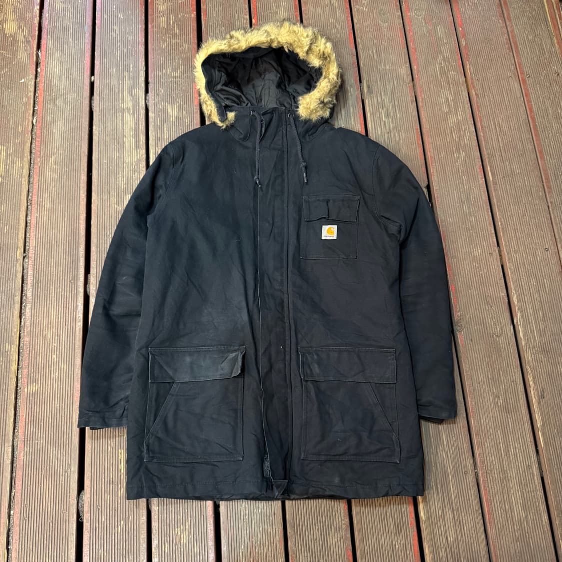 칼하트 블랙 퍼 후드 워크 자켓 상품이미지1
