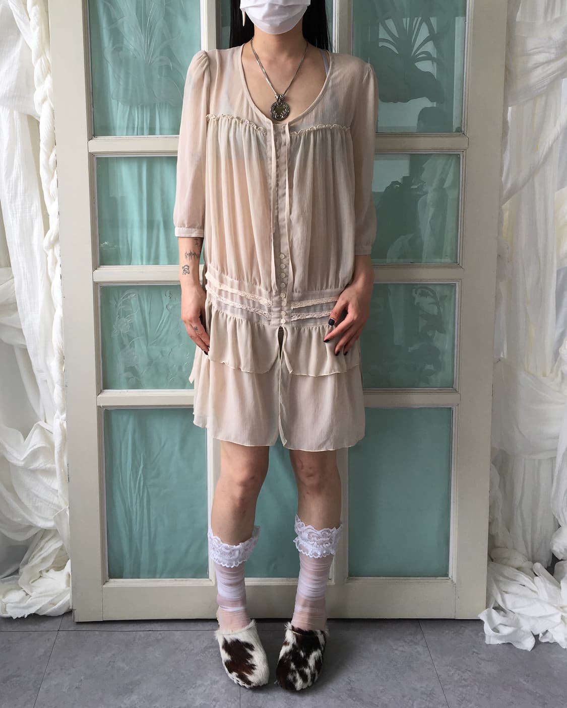 Crochet trimming button up one piece car 상품이미지1