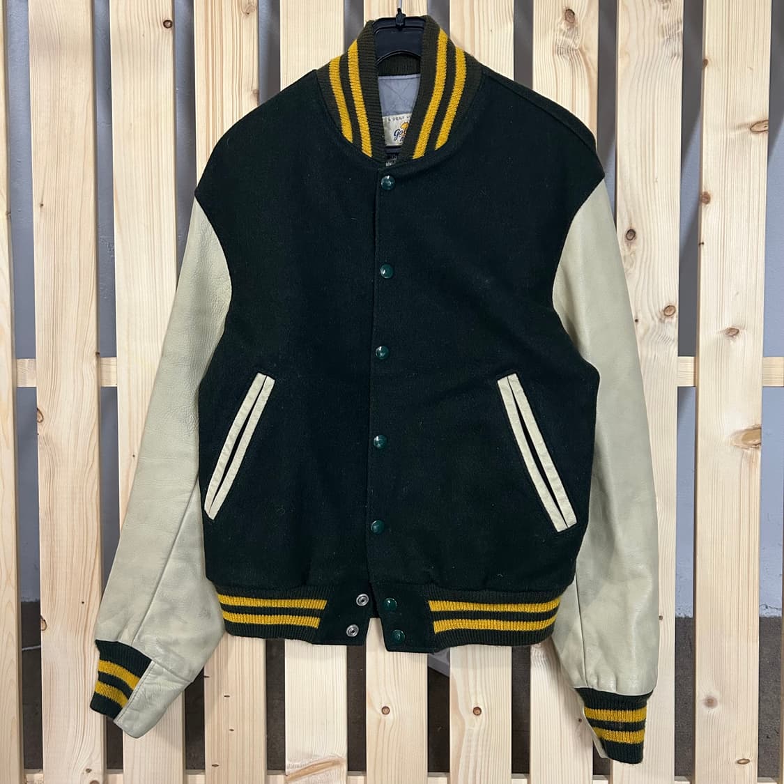 (S) USA 골든베어 딥그린 레더 배색 가죽 바시티 자켓  상품이미지2