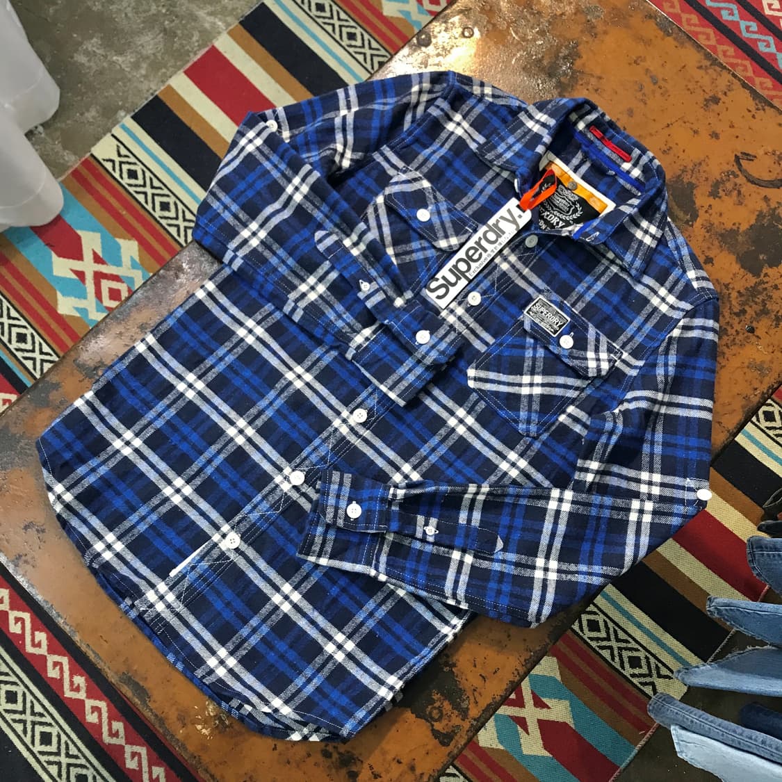 슈퍼 드라이 블루 타탄 체크 코튼 셔츠 남성 102 여성 프리사이즈 상품이미지2