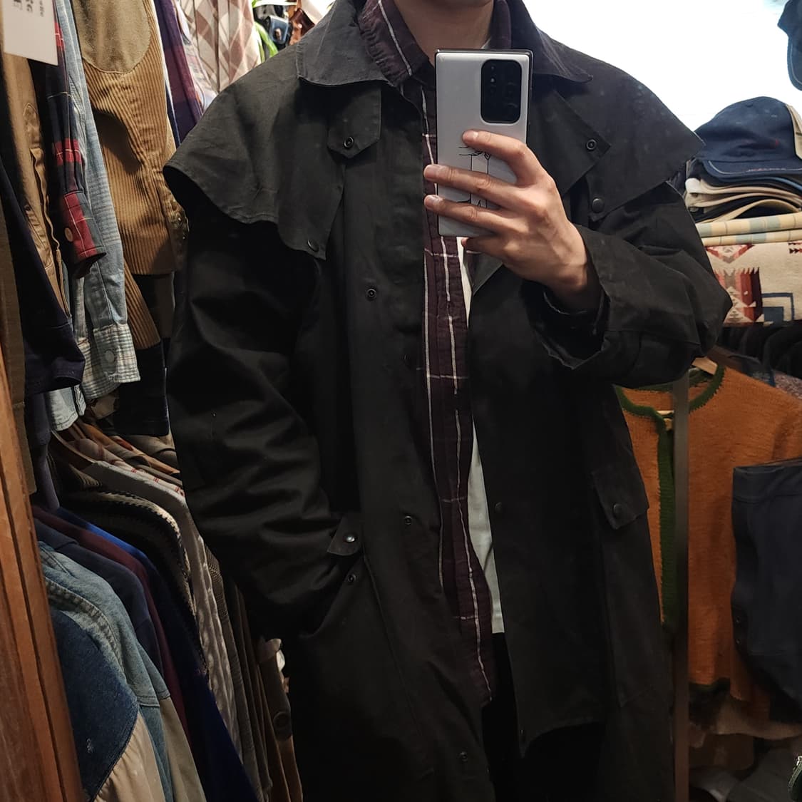 90s 잉글랜드 컨트리 왁스자켓 스톡맨 케이프 왁스코트 레인코트 블랙 L 상품이미지10