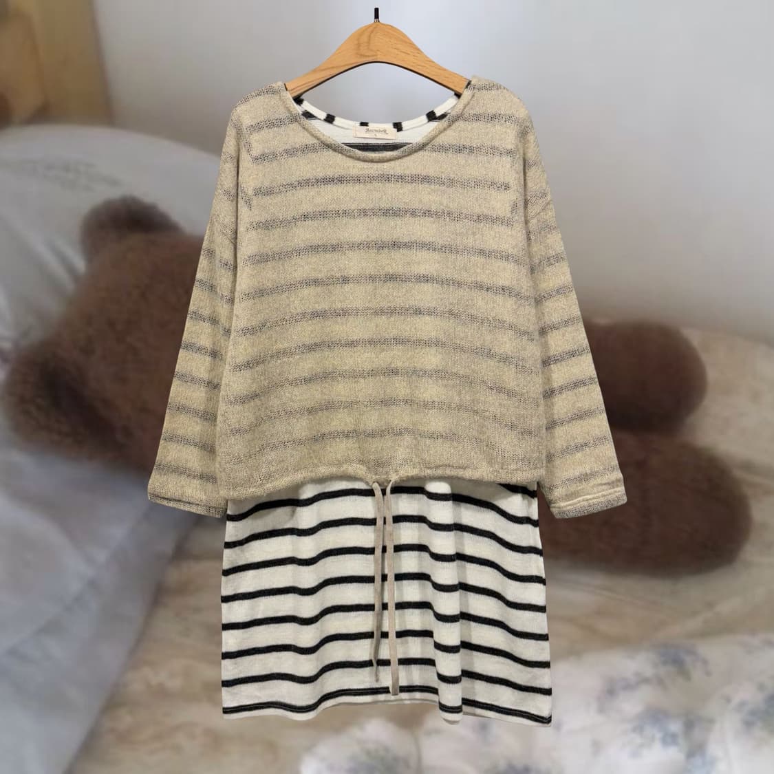 빈티지 오트밀 스트라이프 레이어드 니트 원피스 상품이미지5