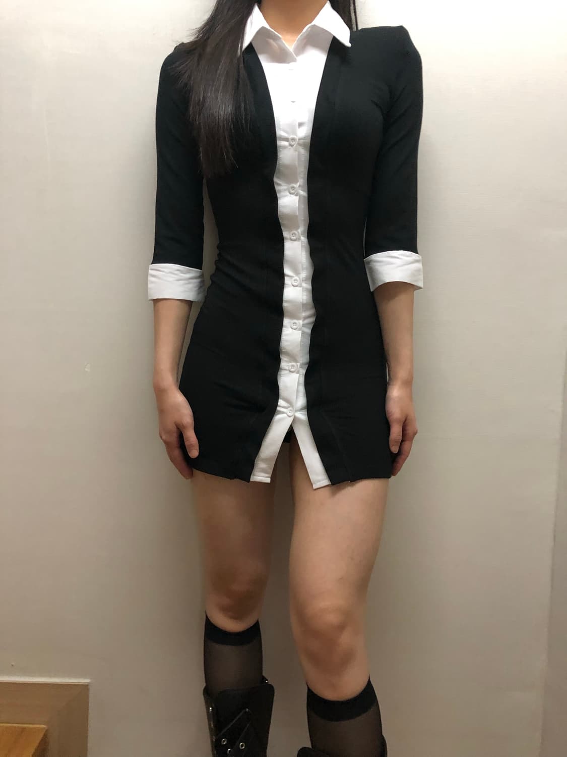 빈티지 블랙 앤 화이트 셔츠 레이어드 원피스 상품이미지6