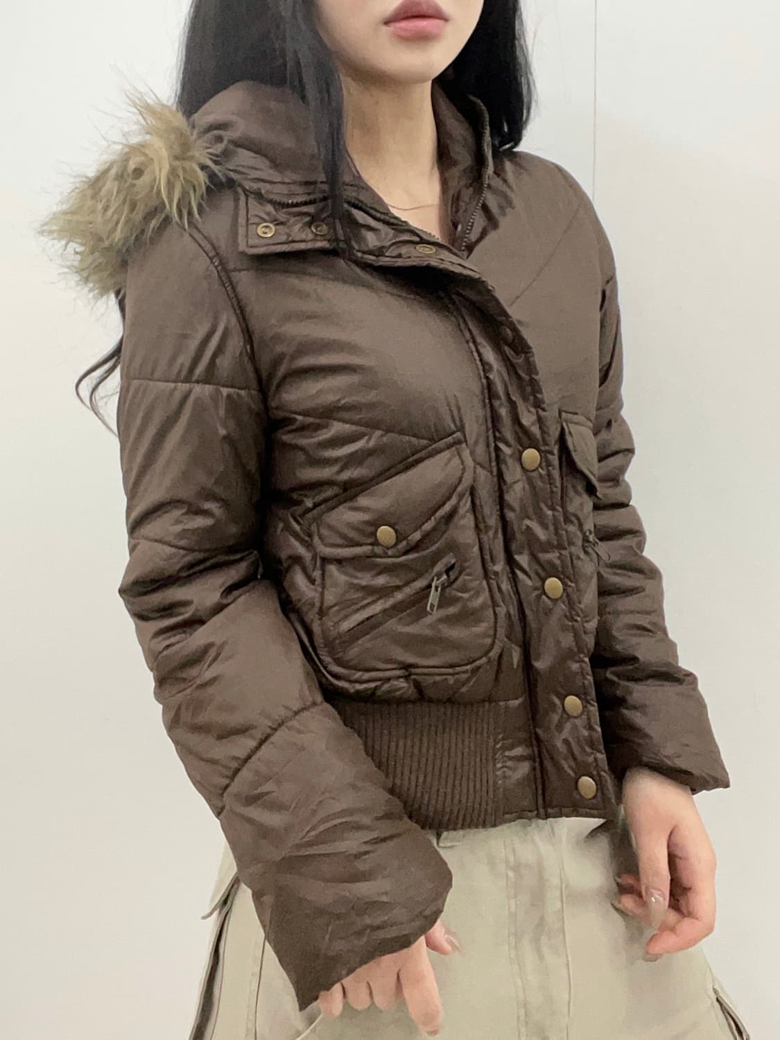 Brown hoodie fur layered padding jacke 상품이미지1