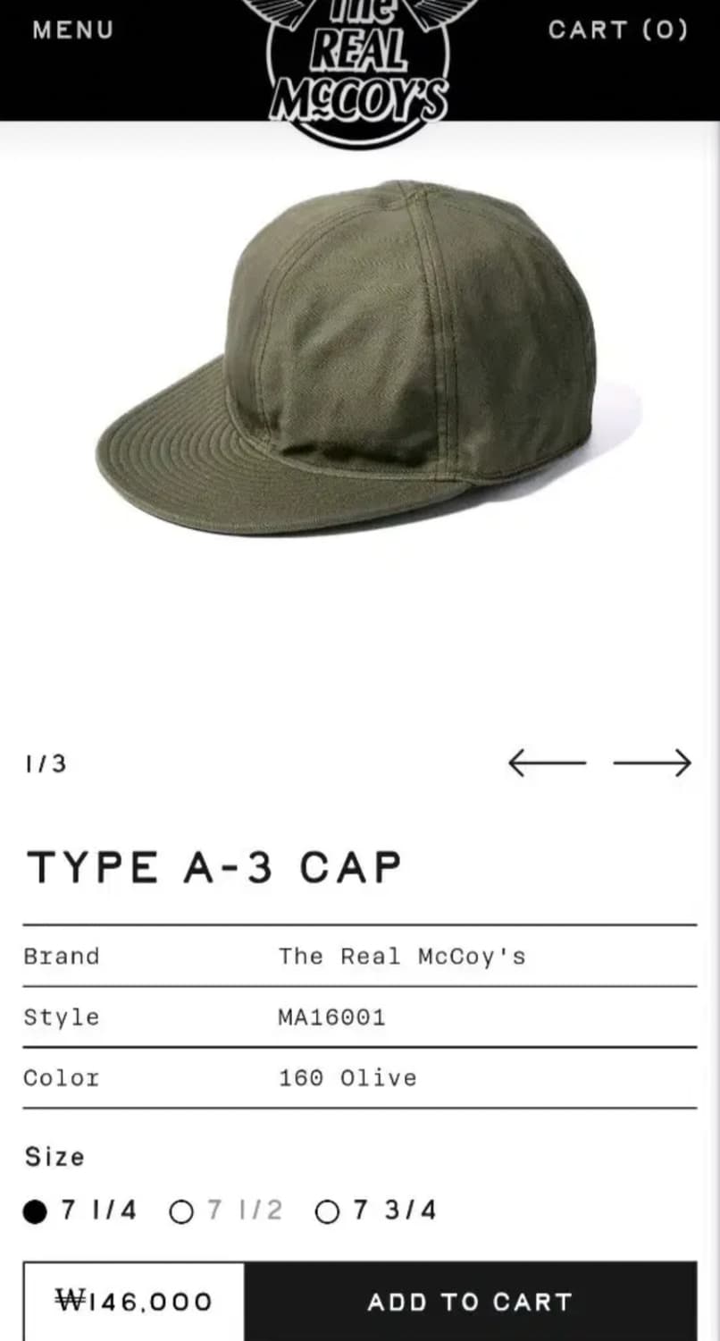 리얼맥코이 A-3 캡 올리브 상품이미지1