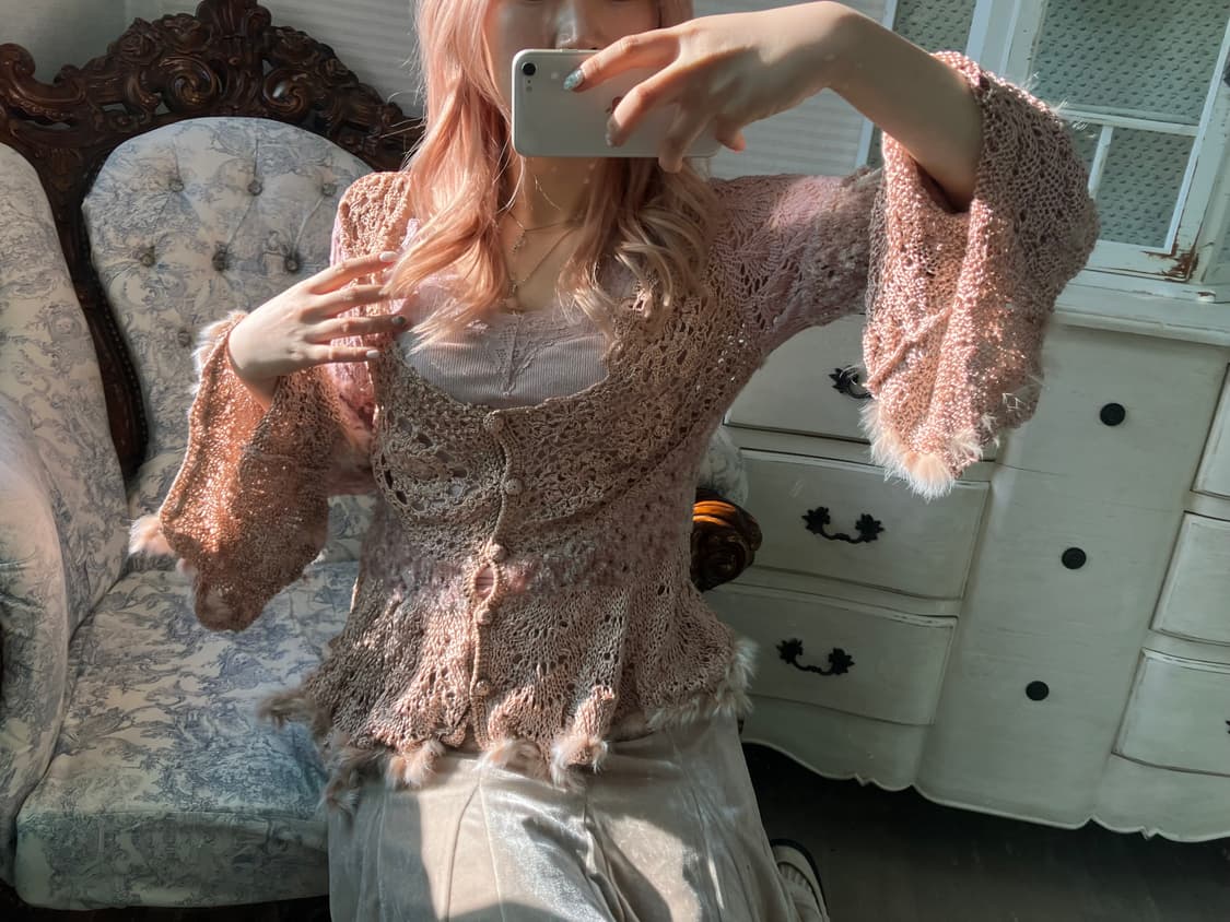 페어리 핑크 퍼 트리밍 아카이브 레이스 니트 가디건 상품이미지2