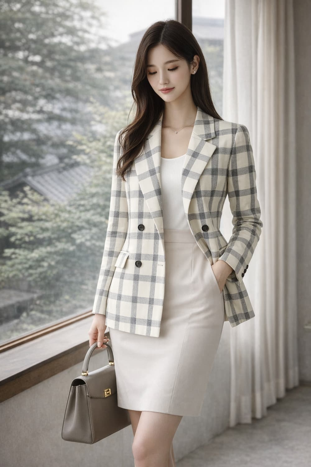 일본감성 크림 체크 자켓 여리핏 더블 봄~여름 아우터 (로미스토리) 상품이미지1