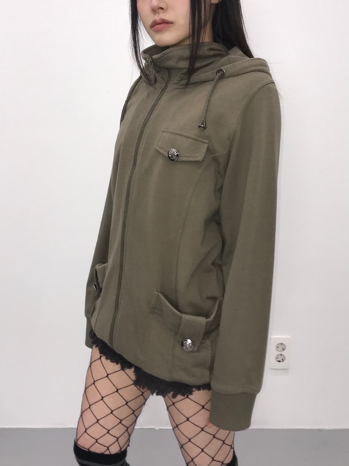'Amourine' Khaki Y2k Utility Zip Up Hood 상품이미지3