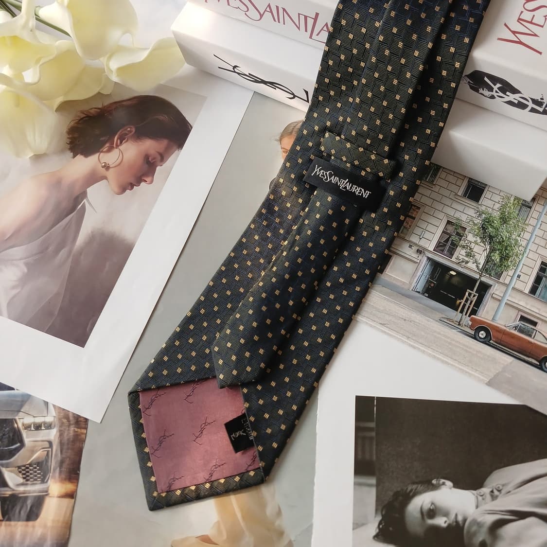 입생로랑 실크 다크그린 골드 패턴 넥타이 9.9cm A+등급 A19087 상품이미지4