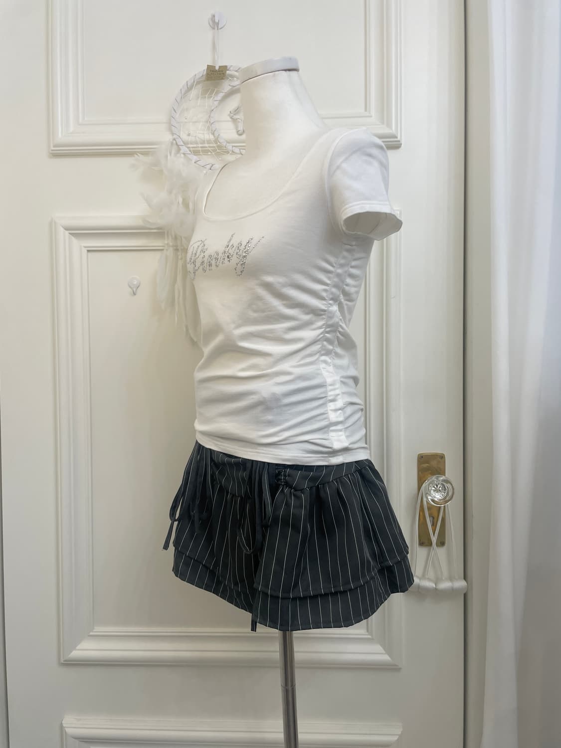 charcoal stripe shirring bow mini skirt 상품이미지7