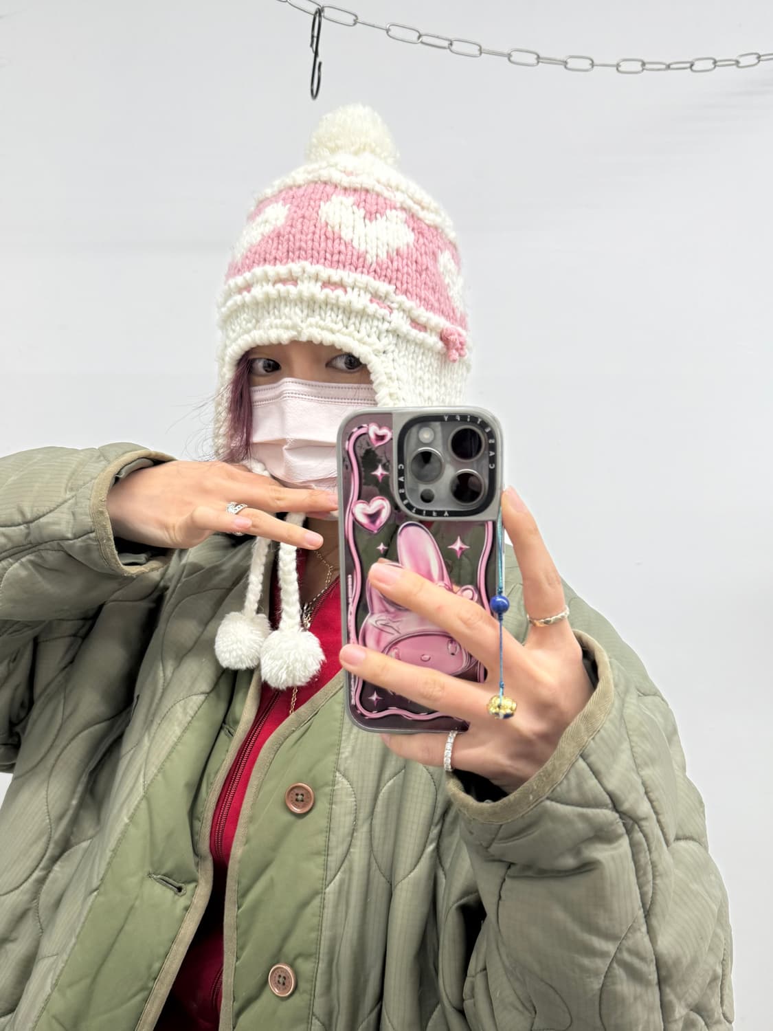 러블리 하트 리본 이어플랩 방울 비니 상품이미지1