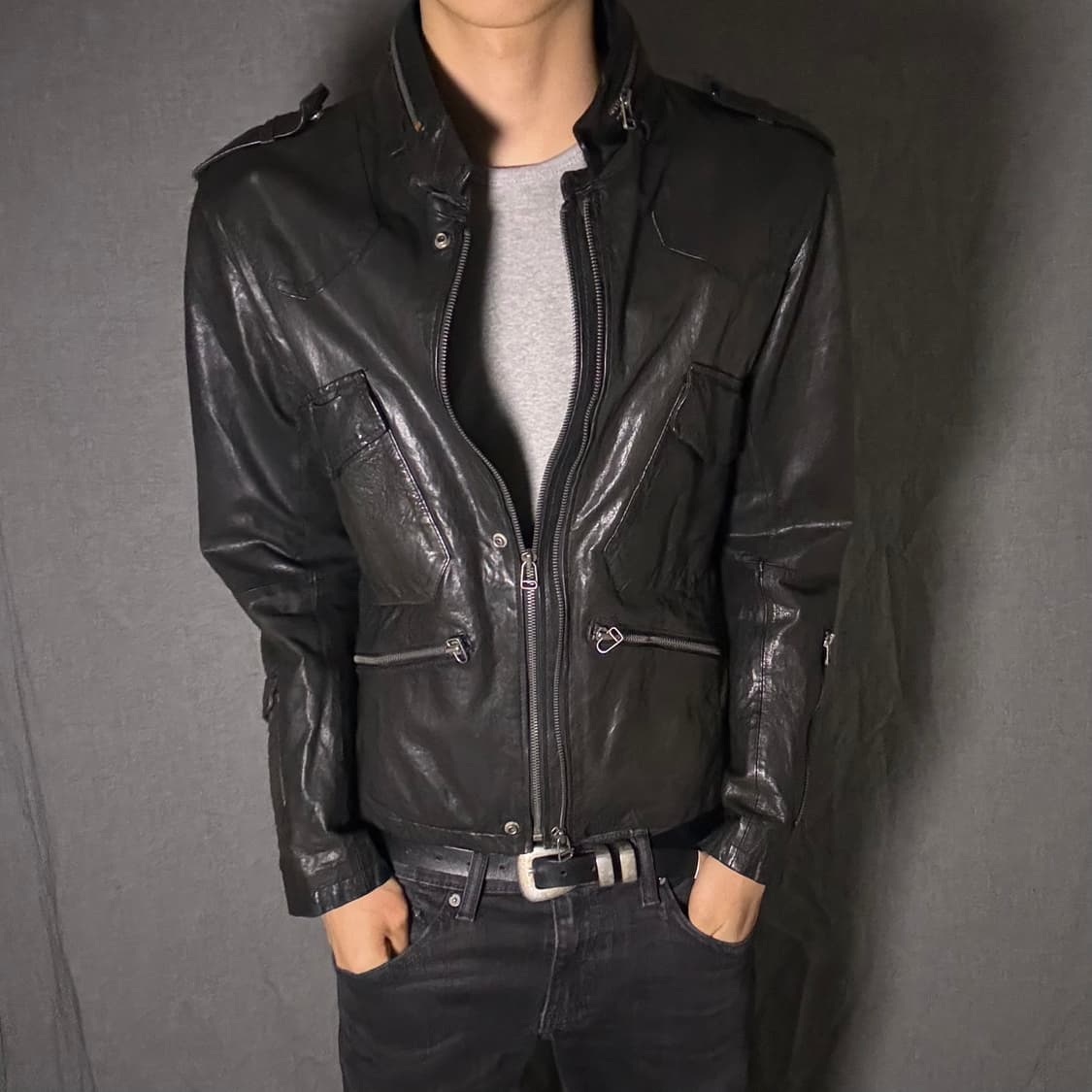 double zip-up lamb skin leather jacket 상품이미지1