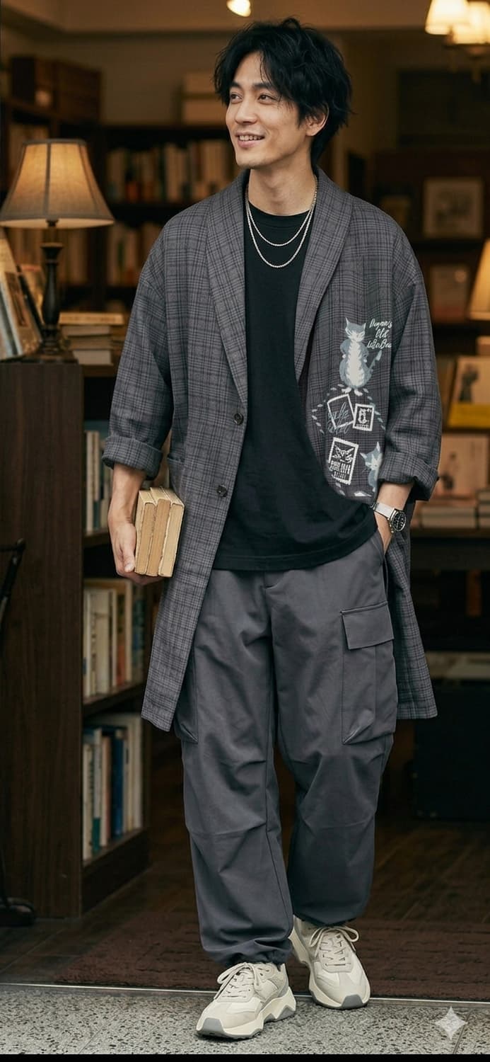 [희귀/오버핏] WACHIFIELD 다얀 자수 체크 오버사이즈 롱코트 상품이미지1