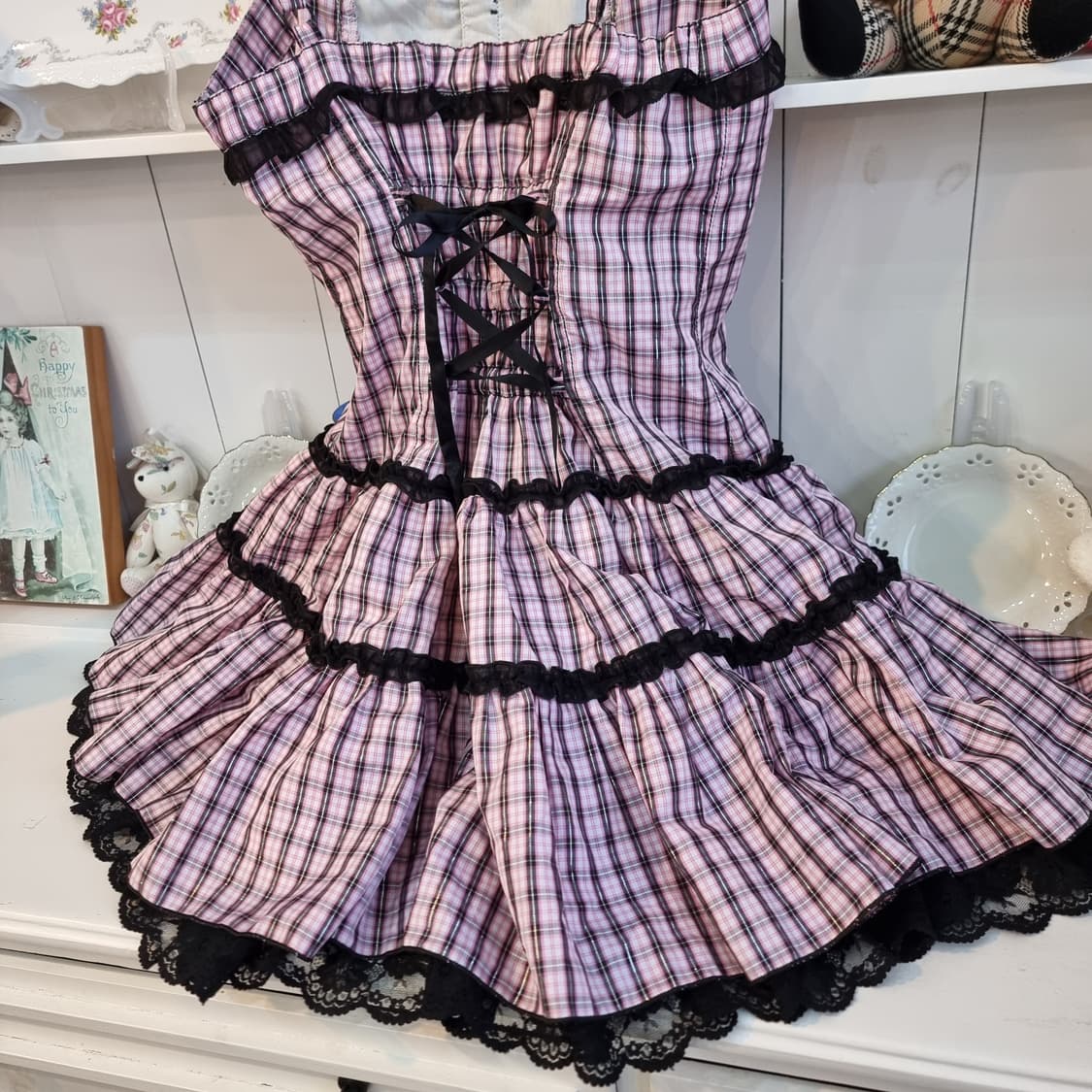 블랙핑크 체크 레이스 코르셋 원피스 상품이미지7
