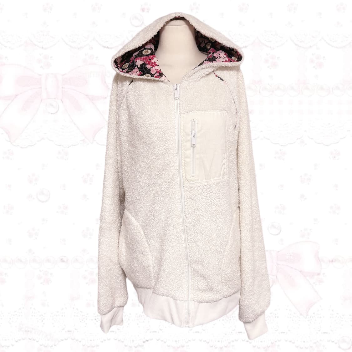 히메갸루 핀터깔 생화이트 사쿠라 벚꽃 포인트 후드 후리스 집업  상품이미지1