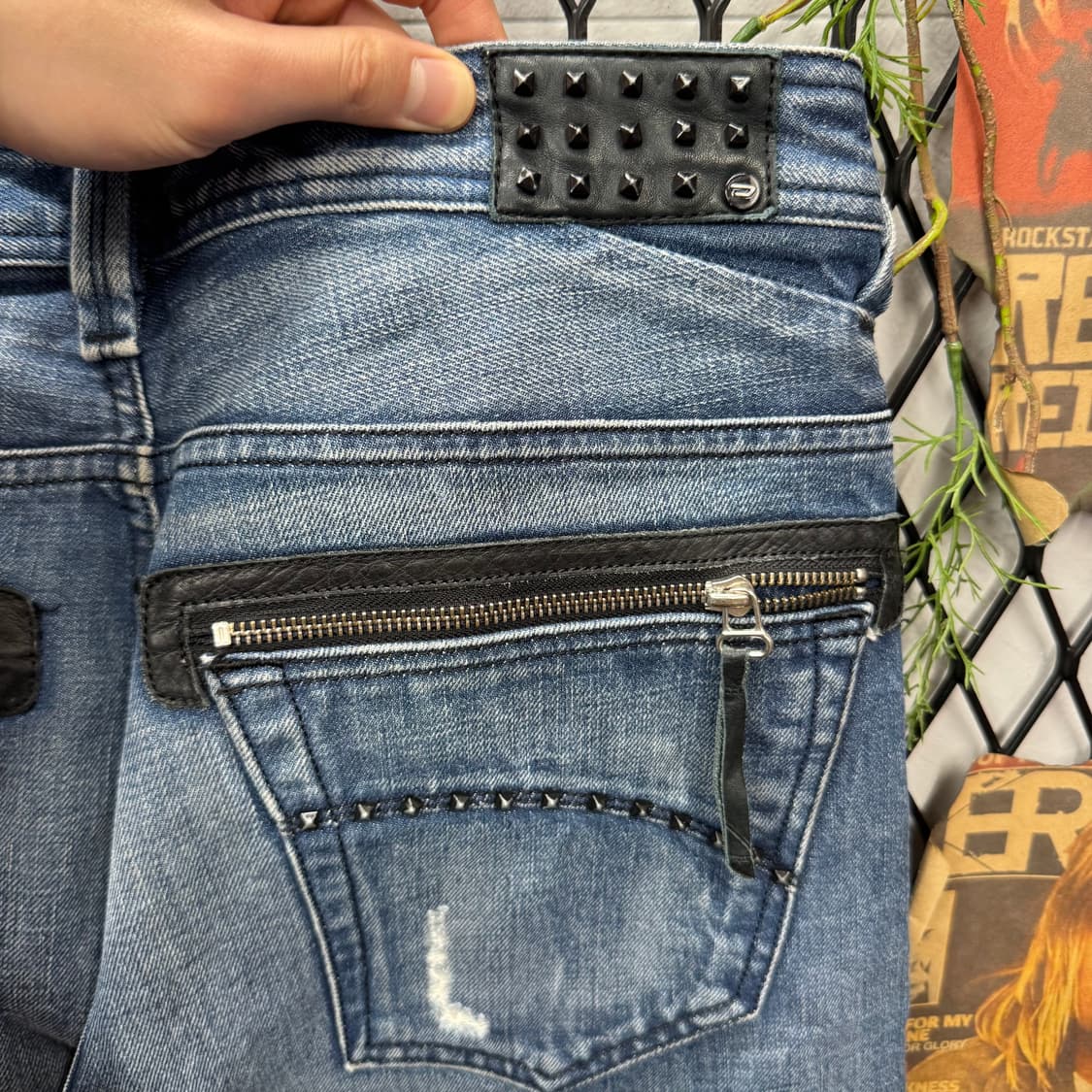 00s 디젤 인더스트리 데님 팬츠 후면 레더 집업 포켓 포인트 중청 상품이미지7