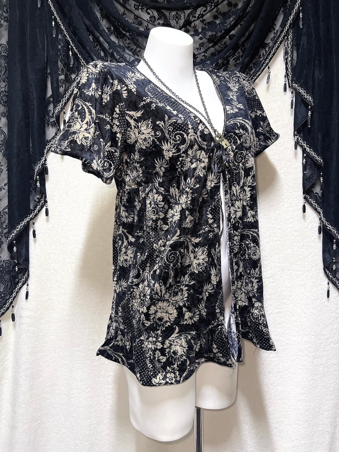 오리엔탈 페어리그런지 빈티지 플라워패턴 벨벳 로브가디건 핀터 고딕 고스 상품이미지5