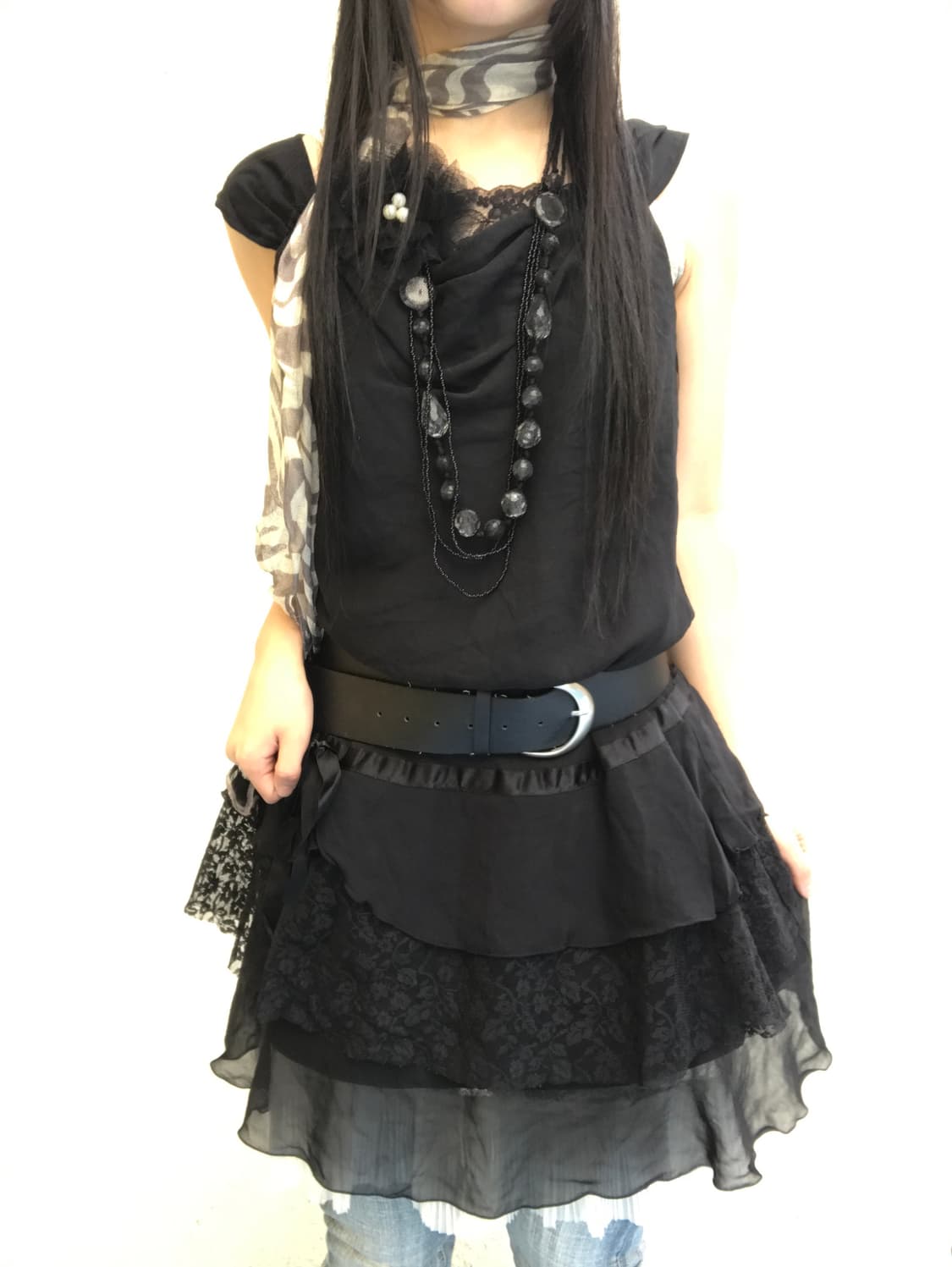 미사미사 리본 레이스 원피스+스키니 펑크 데님 코디세트 상품이미지1