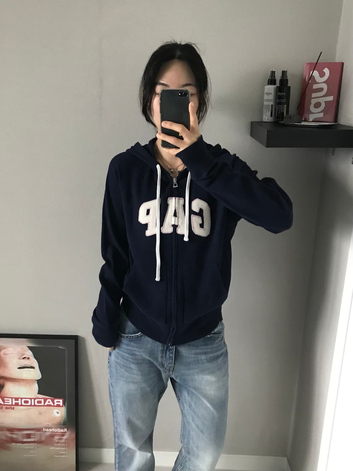 갭 GAP 중앙 자수로고 네이비 후드집업 딱붙핏 상품이미지4