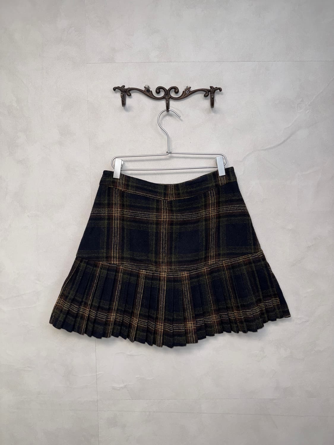 Navy brown wool check pleats mini skirt 상품이미지3