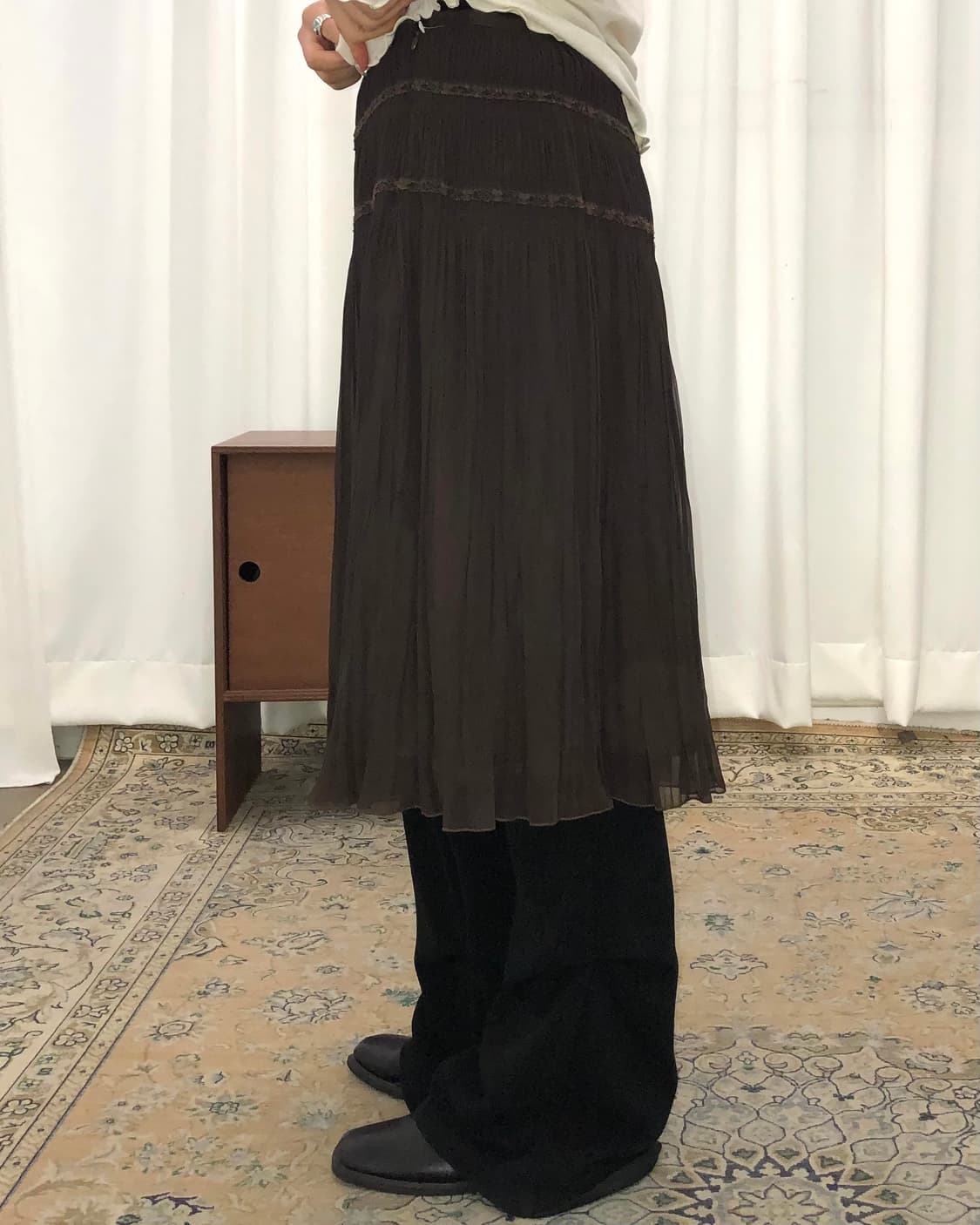 브라운 플리츠 미디 스커트 상품이미지2