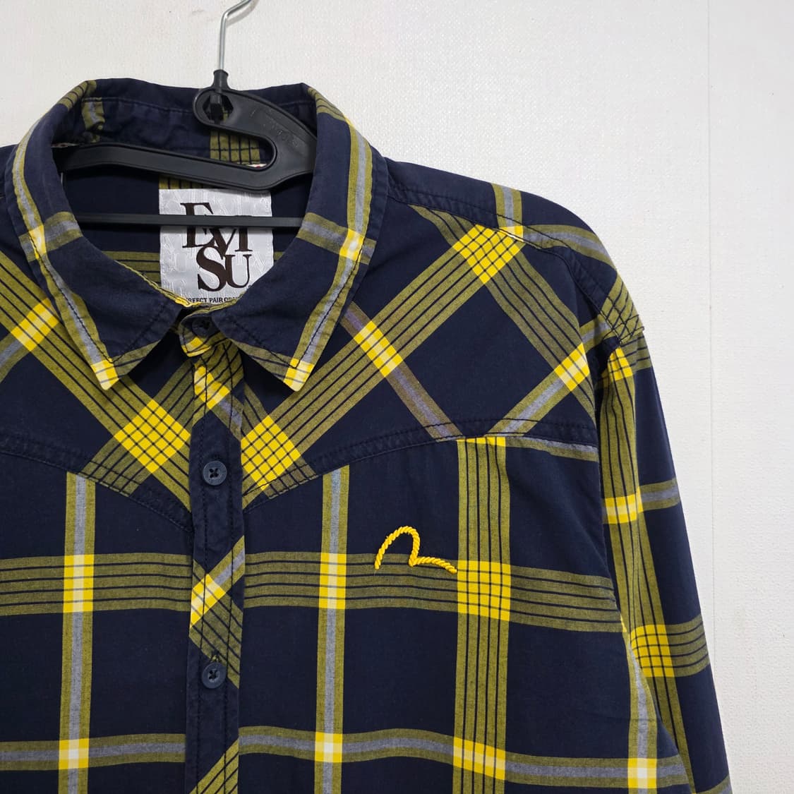 M/L 95 에비수 자수로고 네이비 옐로우 체크 셔츠 상품이미지3