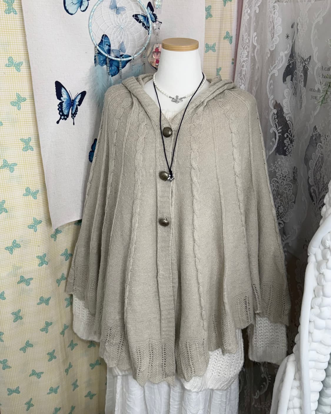 베이지 케이프 후드 니트 가디건 상품이미지1