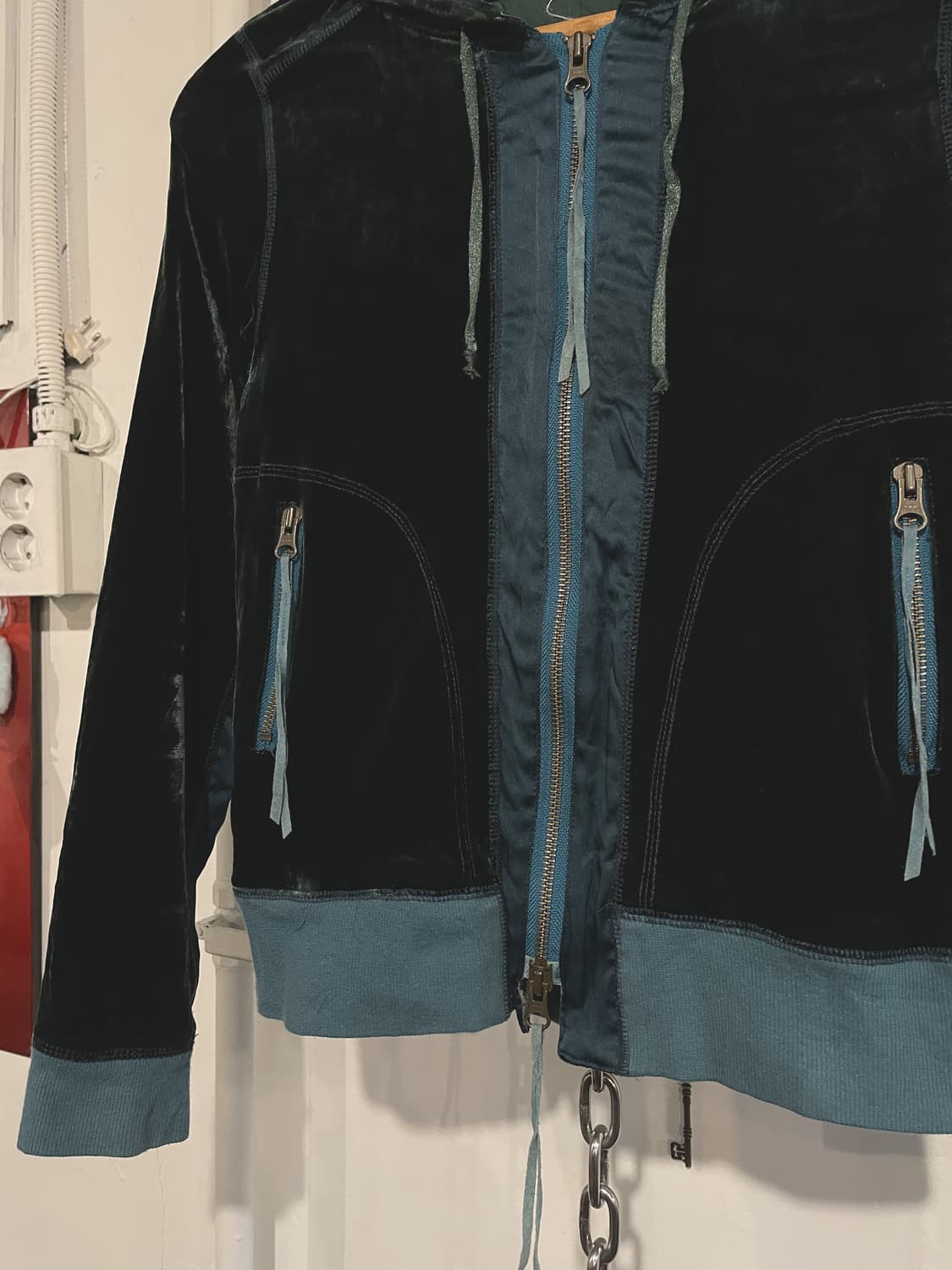 사이드 라인 청록 민트 벨벳 후드집업 갸루 y2k 상품이미지3