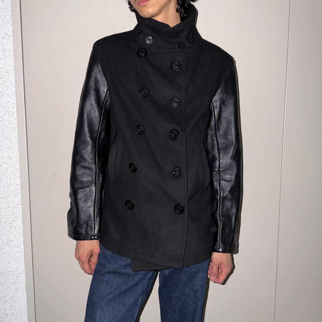 지스타로우 x 마크 뉴슨 레더 슬리브 피코트 상품이미지1