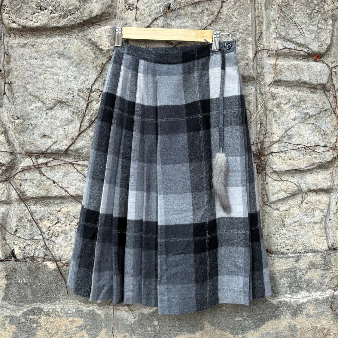알파카 울 롱 체크 플리츠 랩스커트 빈티지 웨스턴 보헤미안 상품이미지1