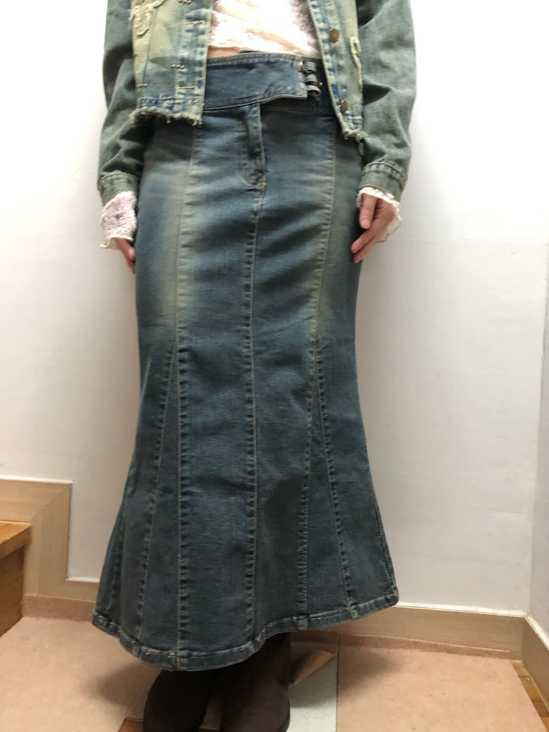 빈티지 데님 워싱 벨티드 롱 스커트 상품이미지7