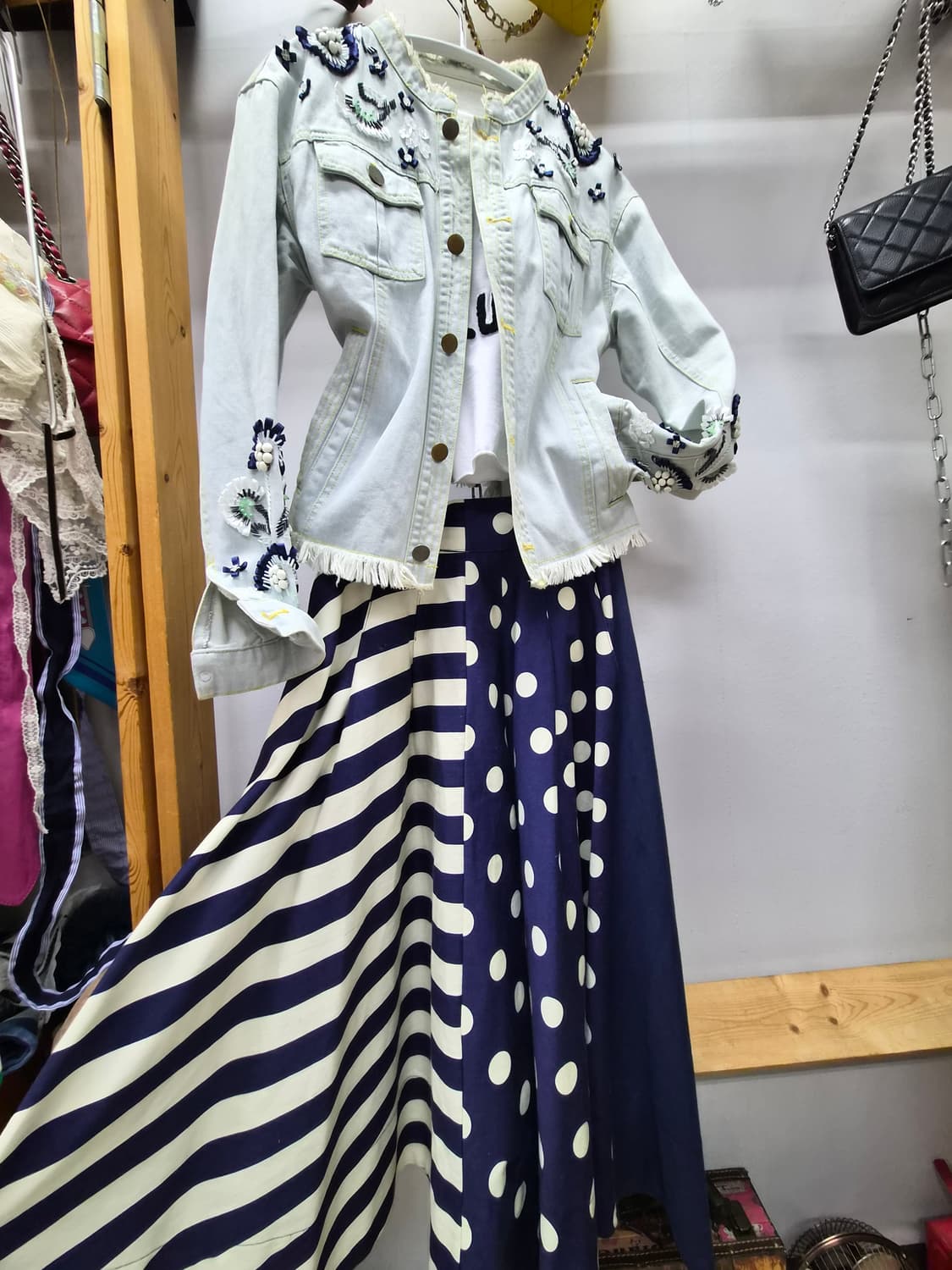 수입 핸드비즈 데님자켓.blank 도트 스트라이프 스커트 상품이미지1