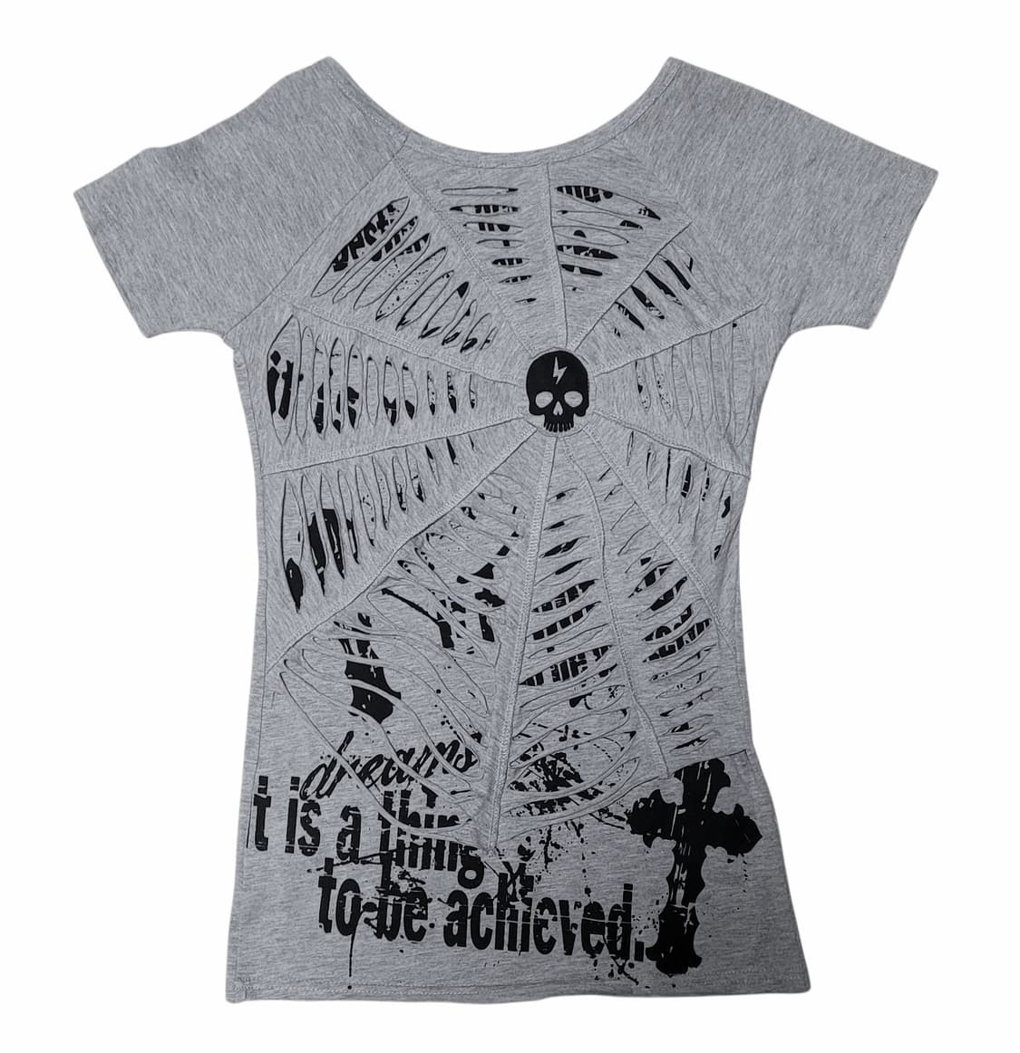 펑크키치갸루y2k 스컬 해골 거미줄 데미지 딱붙핏 반팔티 상품이미지1