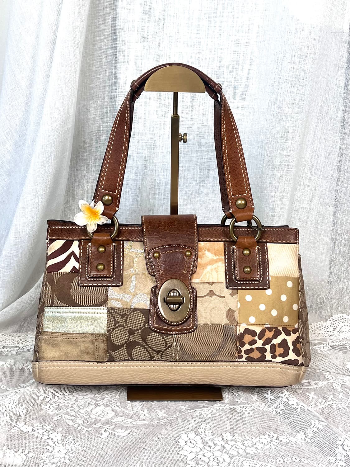 90s coach 패치워크 시그니처 호피 브라운 레더 캔버스 토트백 상품이미지4