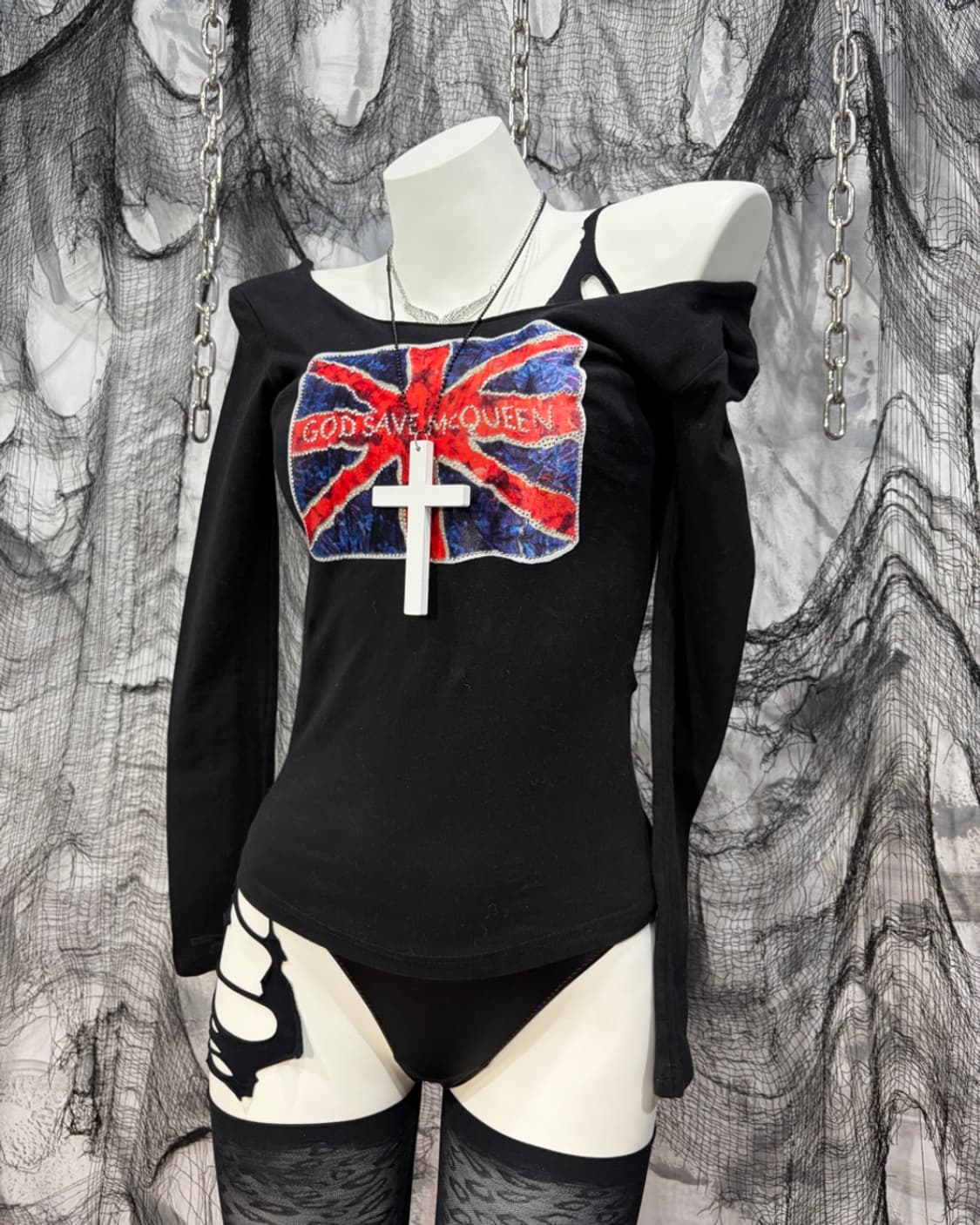 Y2K velvet union jack off-shoulder 상품이미지4