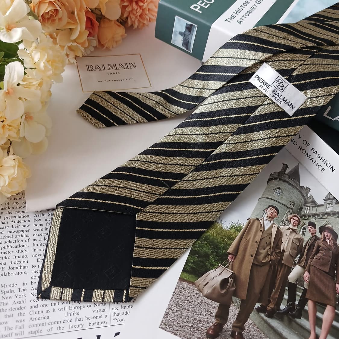 피에르 발망 블랙 & 골드 스트라이프 넥타이 9.5cm A+등급 E925 상품이미지5