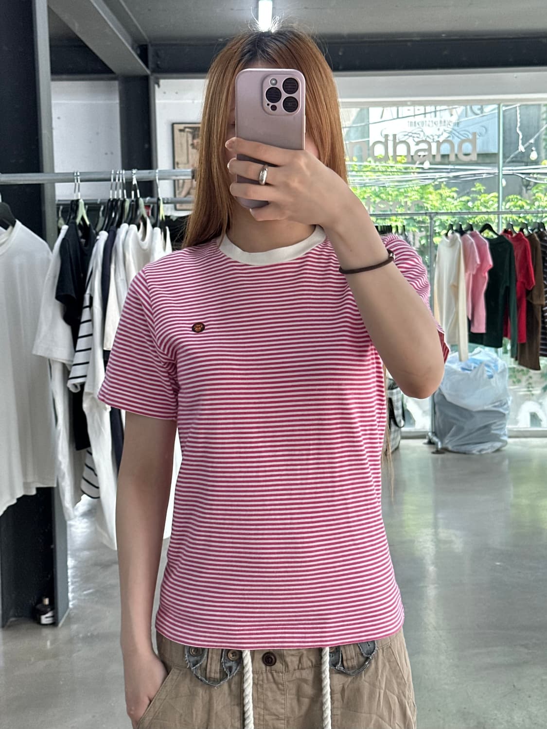 베이프 베이비마일로 핑크 스트라이프 크루넥 반팔티 상품이미지1