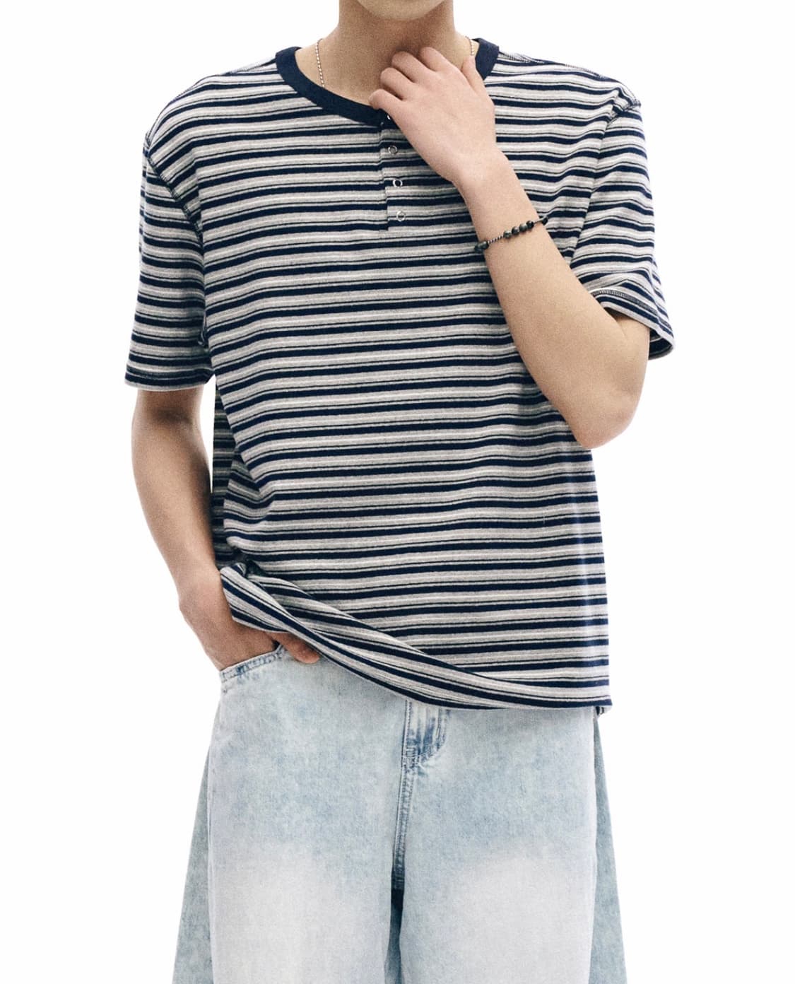 인템포무드 써니 스트라이프 헨리넥 반팔 티셔츠_네이비/M 아캄밈더워드로브 상품이미지6
