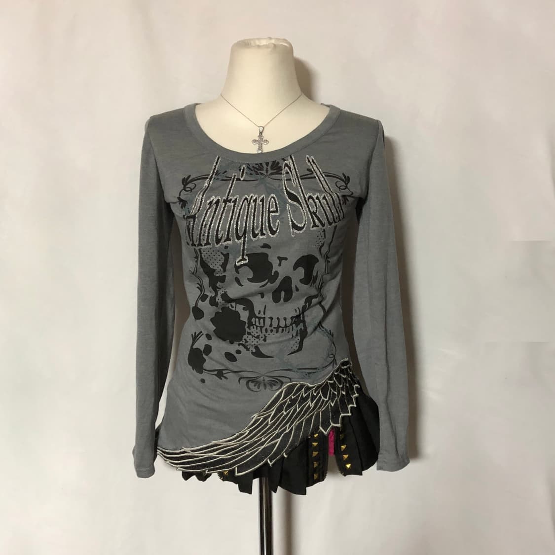 스컬 펑크 날개 티셔츠 그레이 상품이미지4