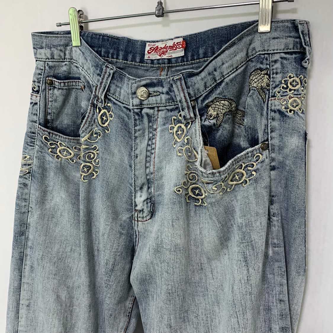 아카데믹스 00s 연청 워싱 데님 팬츠 오리엔탈 자수 빈티지 청바지 36 상품이미지4