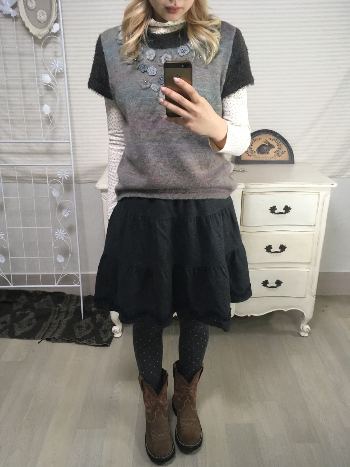 일본빈티지 플로럴 자수 하프 니트 상품이미지4