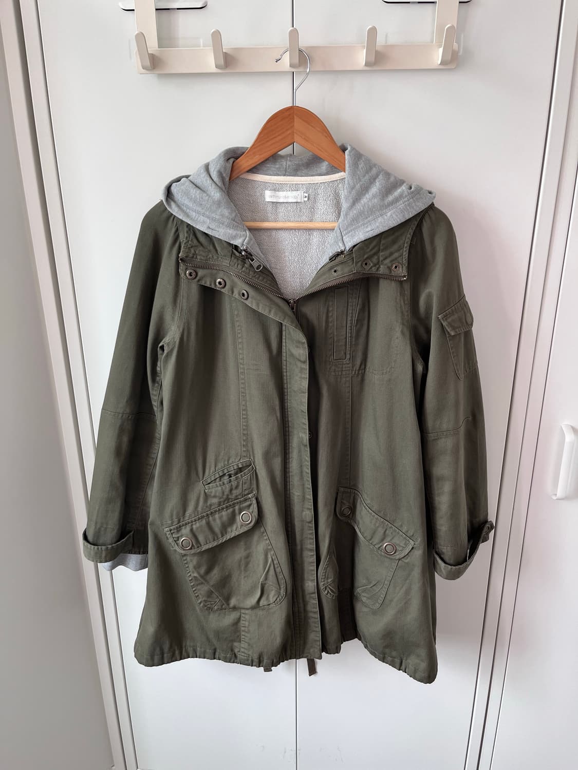 얼스뮤직 Earth music 후드 레이어드 카키 야상 상품이미지4