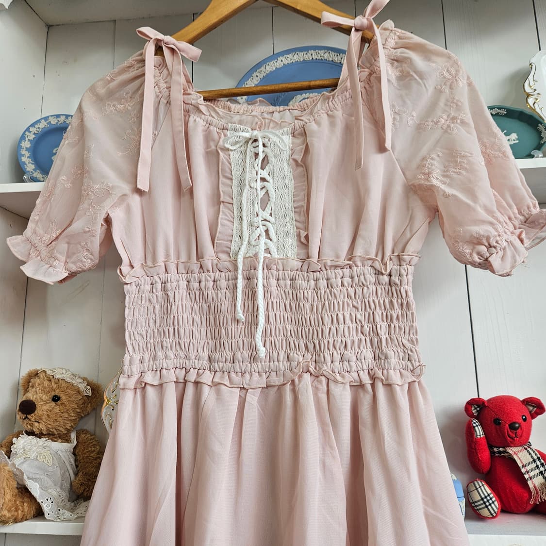 리본숄더 스모크 핑크 원피스 상품이미지2