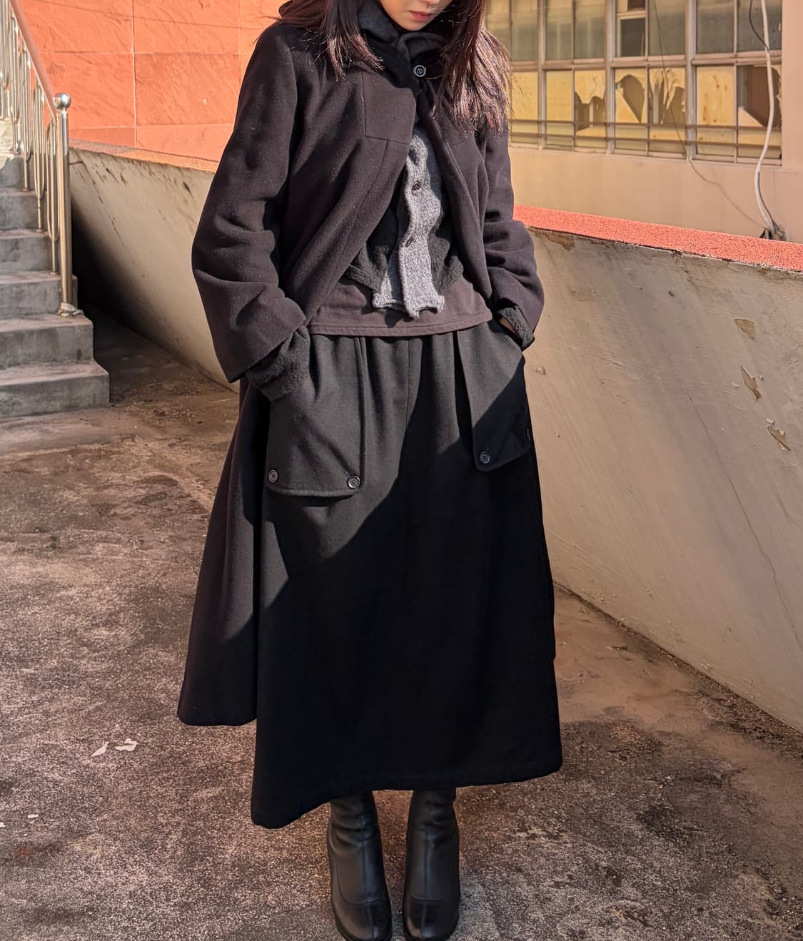 벨 후드 롱 코트 상품이미지1
