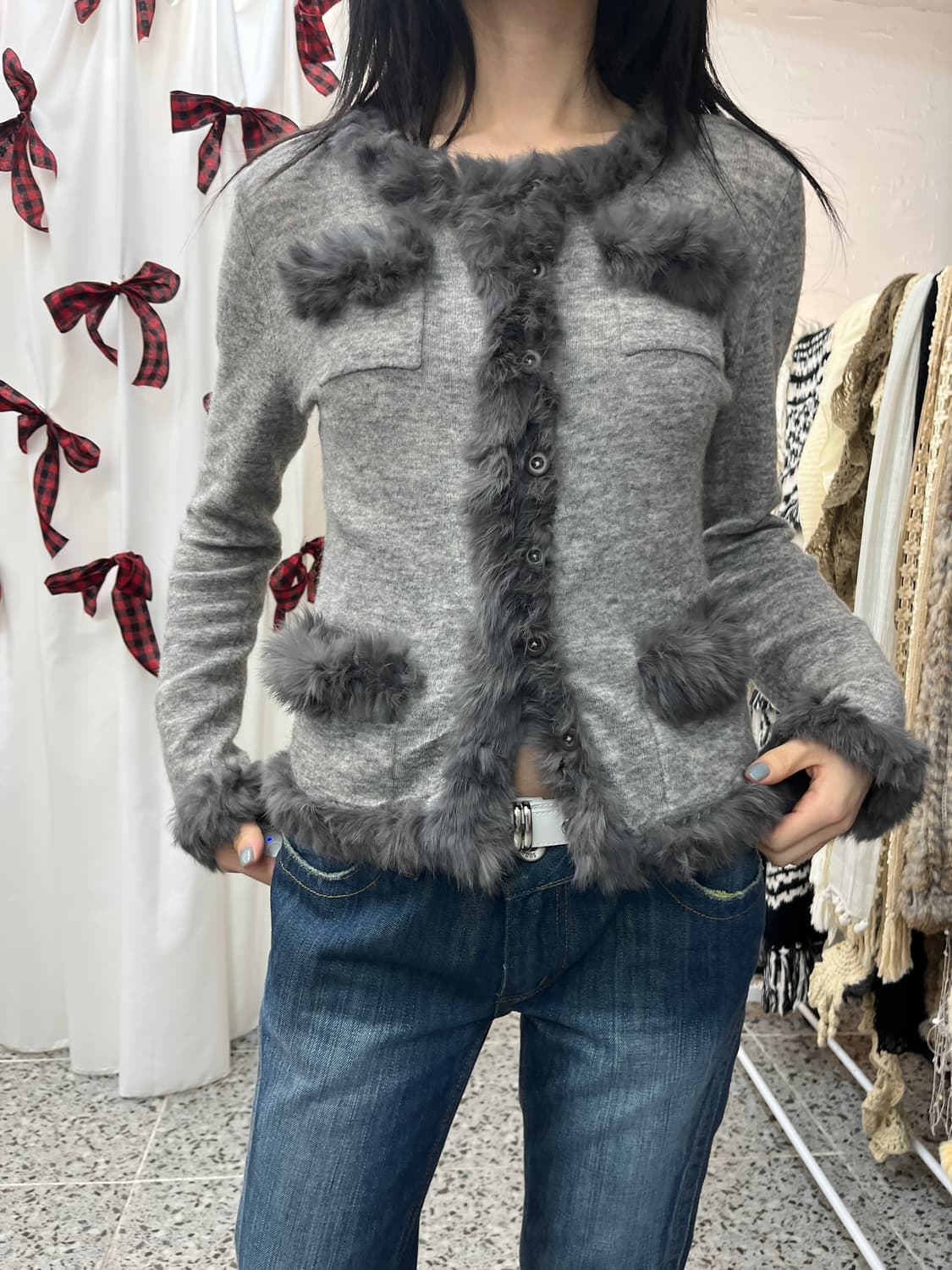 Furry edge grey cardigan 상품이미지5